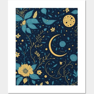 Celestial Moon and Flowers Posters and Art